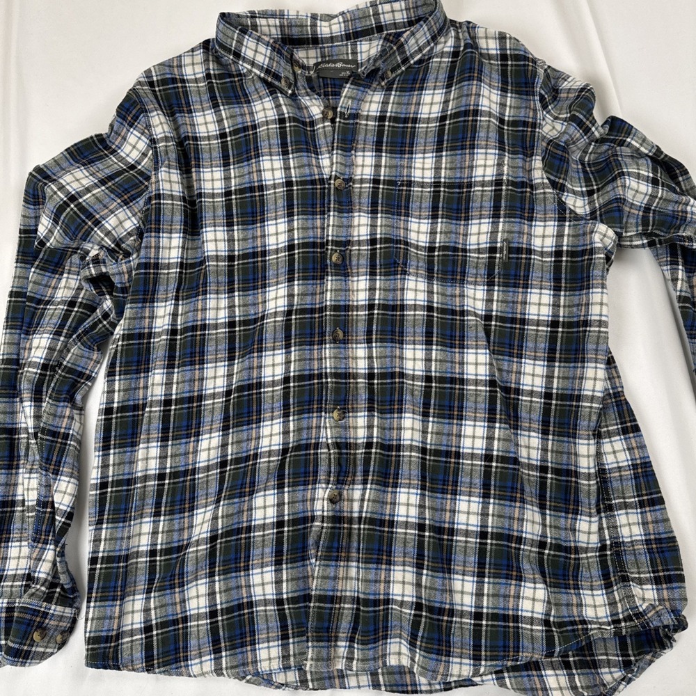 Eddie Bauer Mens XL Black White Blue Plaid Flannel Button Down Shirt